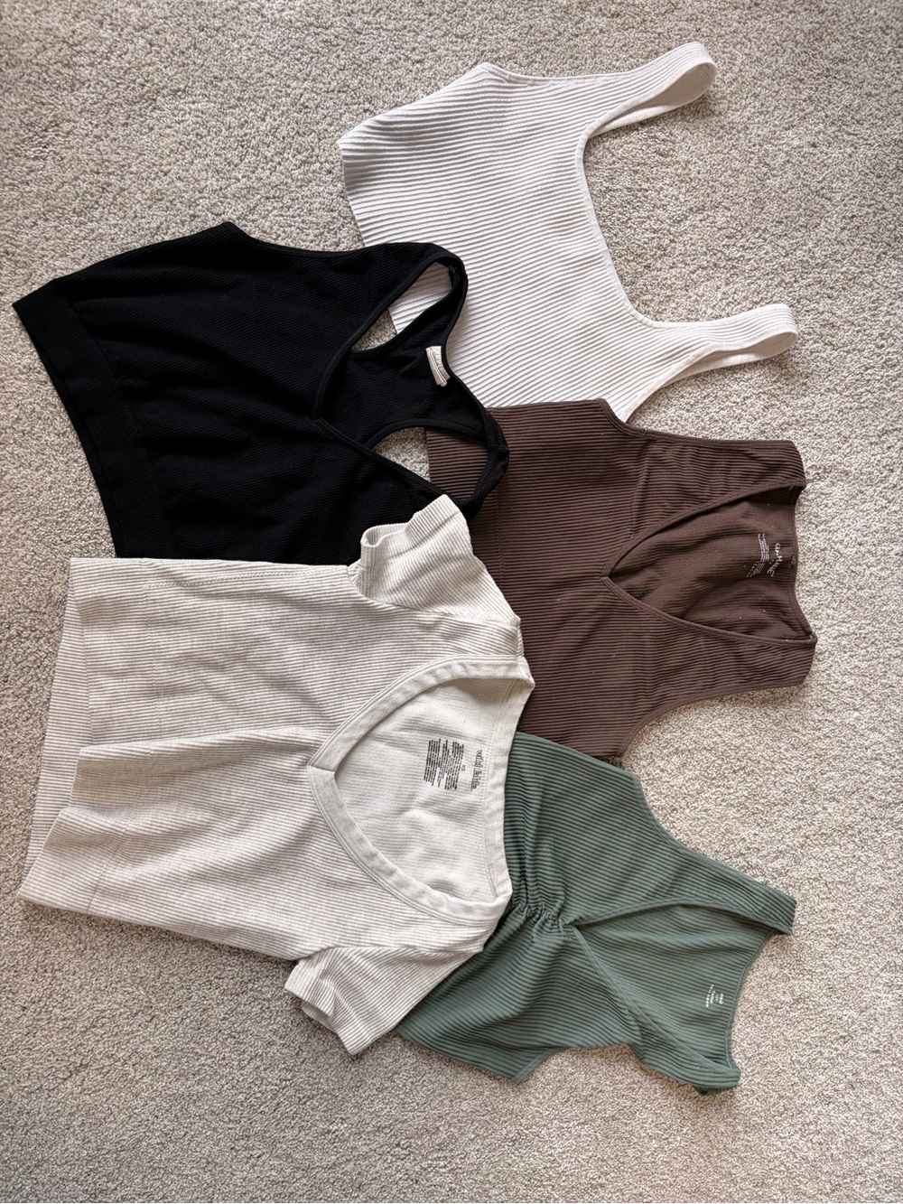 Ribbed Scoop-Neck Tank & Tee Set — Black, White, Brown, Cream, Sage